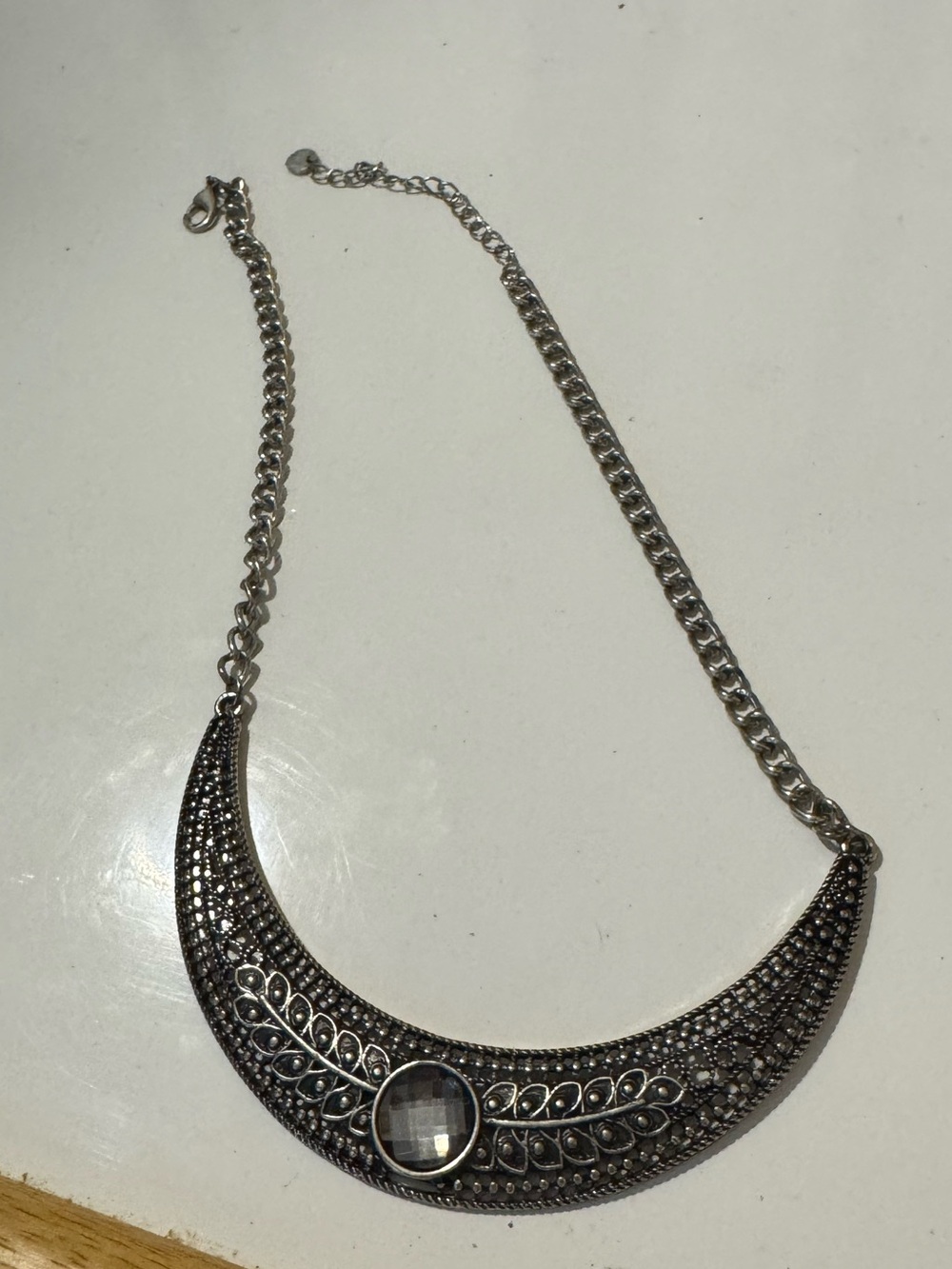 LFT Silvertoned Boho Crescent Bib Filagree/Rhinestone Necklace